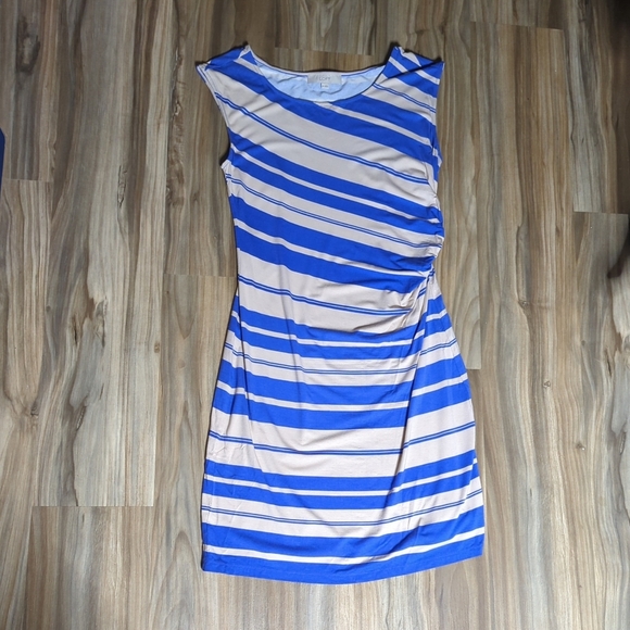 LOFT Women's Dress size M casual blue / tan stripes gathers at waist - Picture 1 of 6